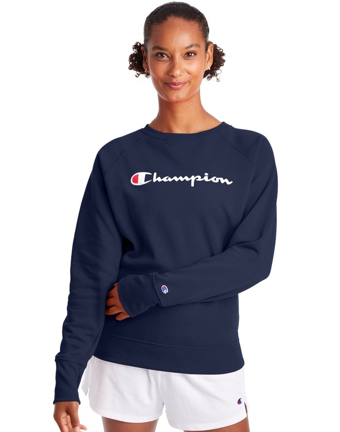 Champion Sweatshirt Dames - Donkerblauw - Powerblend Fleece Classic Crew Script Logo ( 230947-TZE )